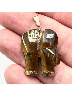 10K Yellow Gold Tiger Eye Elephant Pendant Diamond Eye Vintage